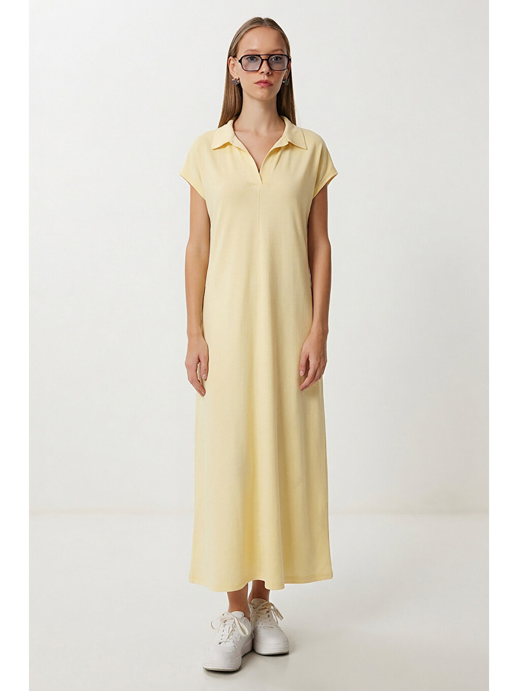 Sarı Polo Yaka Cepli Örme Elbise SARI LDZ0038-2