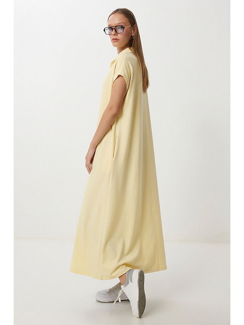 Sarı Polo Yaka Cepli Örme Elbise SARI LDZ0038-3