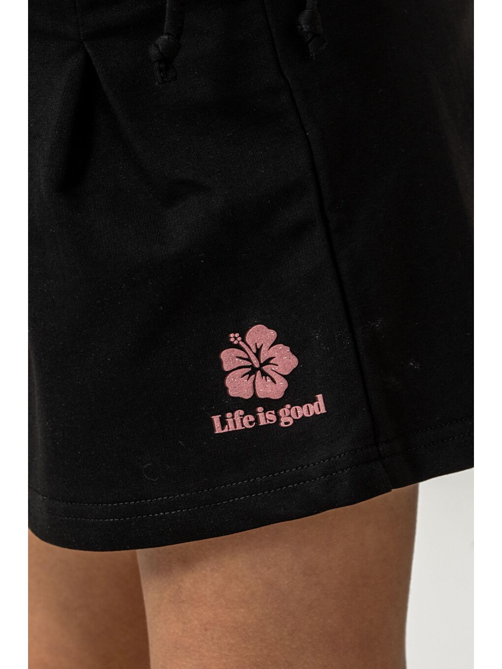 Siyah Life İs Good Baskılı Cepler Fiyonklu Kız Çocuk Şort-5