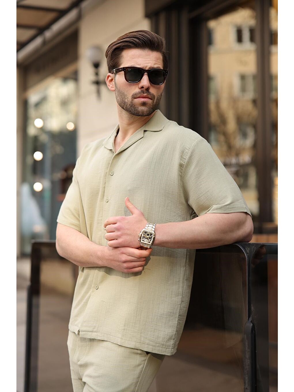 Mint Yeşili %100 Pamuklu Erkek Şort Gömlek Takım E7360-4