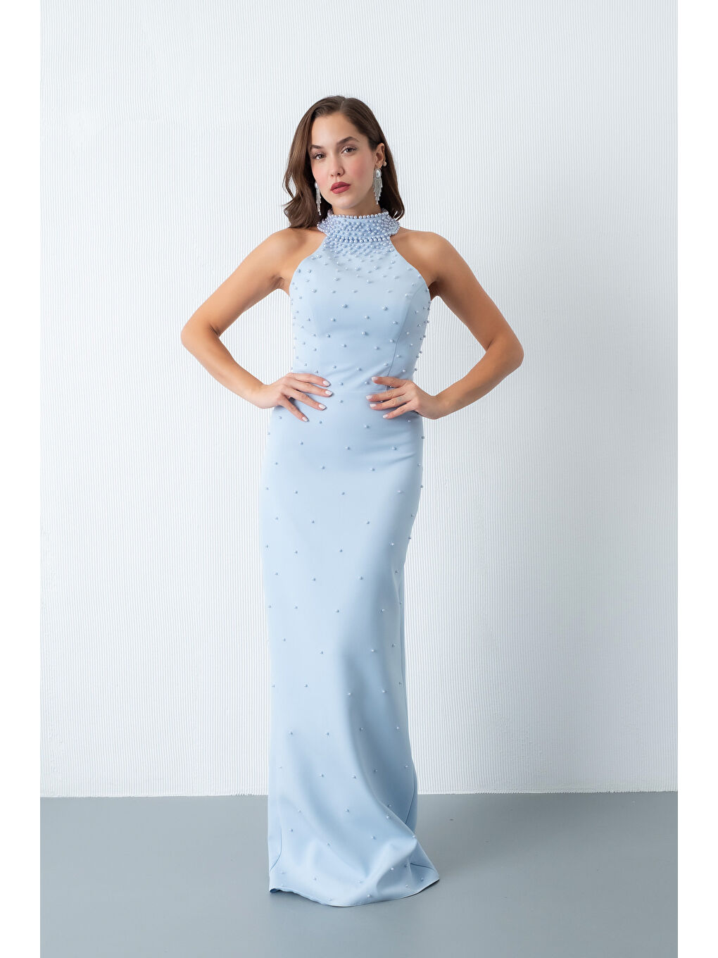 Kadın Bebe Mavi Halter Yaka İncili Söz Nişan Nikah Abiye Elbise
