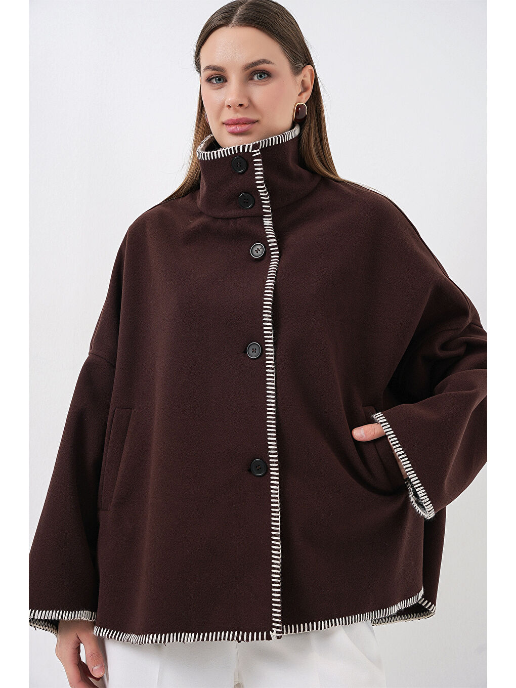 Kadın Nakışlı Kaşe Ceket 9167 - Kahverengi