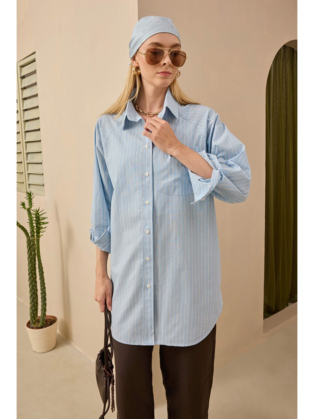 Çizgili Reglan Kol Gömlek Bebe Mavi-1