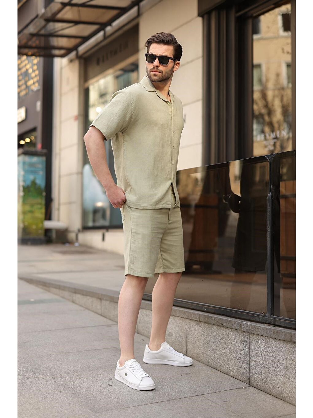 Mint Yeşili %100 Pamuklu Erkek Şort Gömlek Takım E7360-5