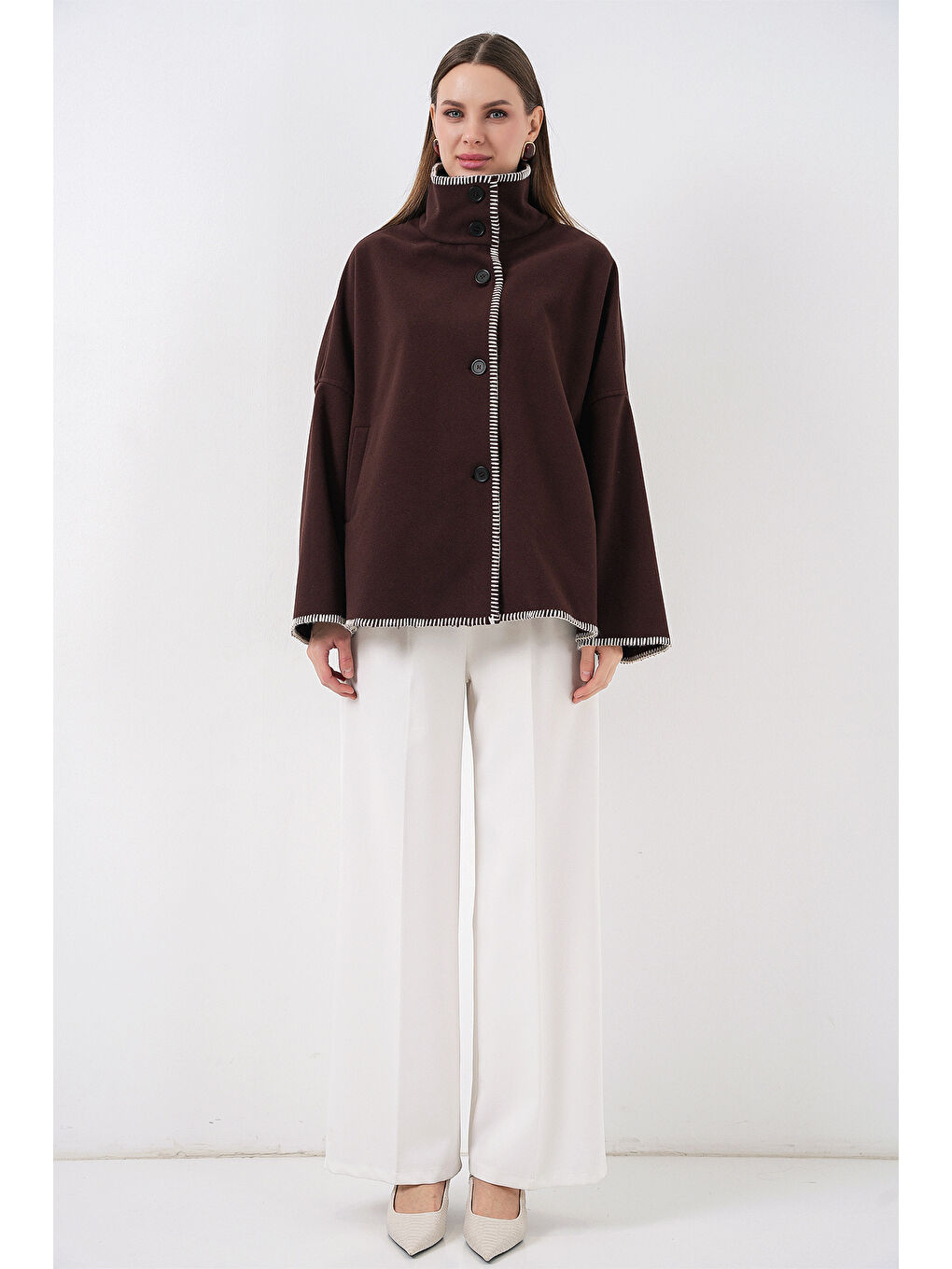 Kadın Nakışlı Kaşe Ceket 9167 - Kahverengi-1