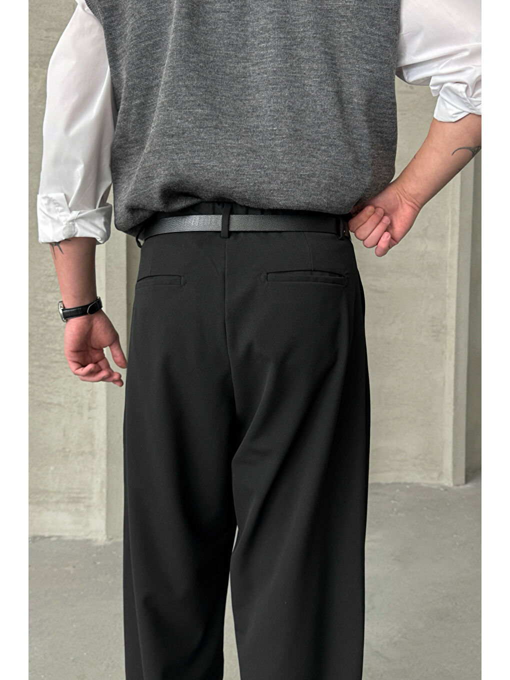 Siyah Erkek Pileli Ekstra Baggy Kalıp Kumaş Pantolon-5