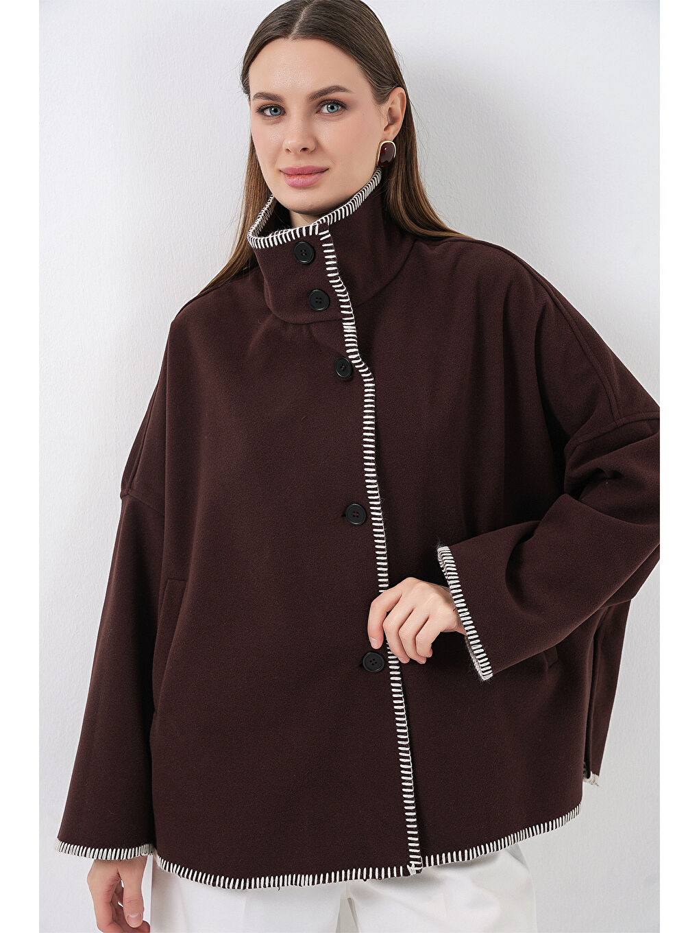 Kadın Nakışlı Kaşe Ceket 9167 - Kahverengi-2