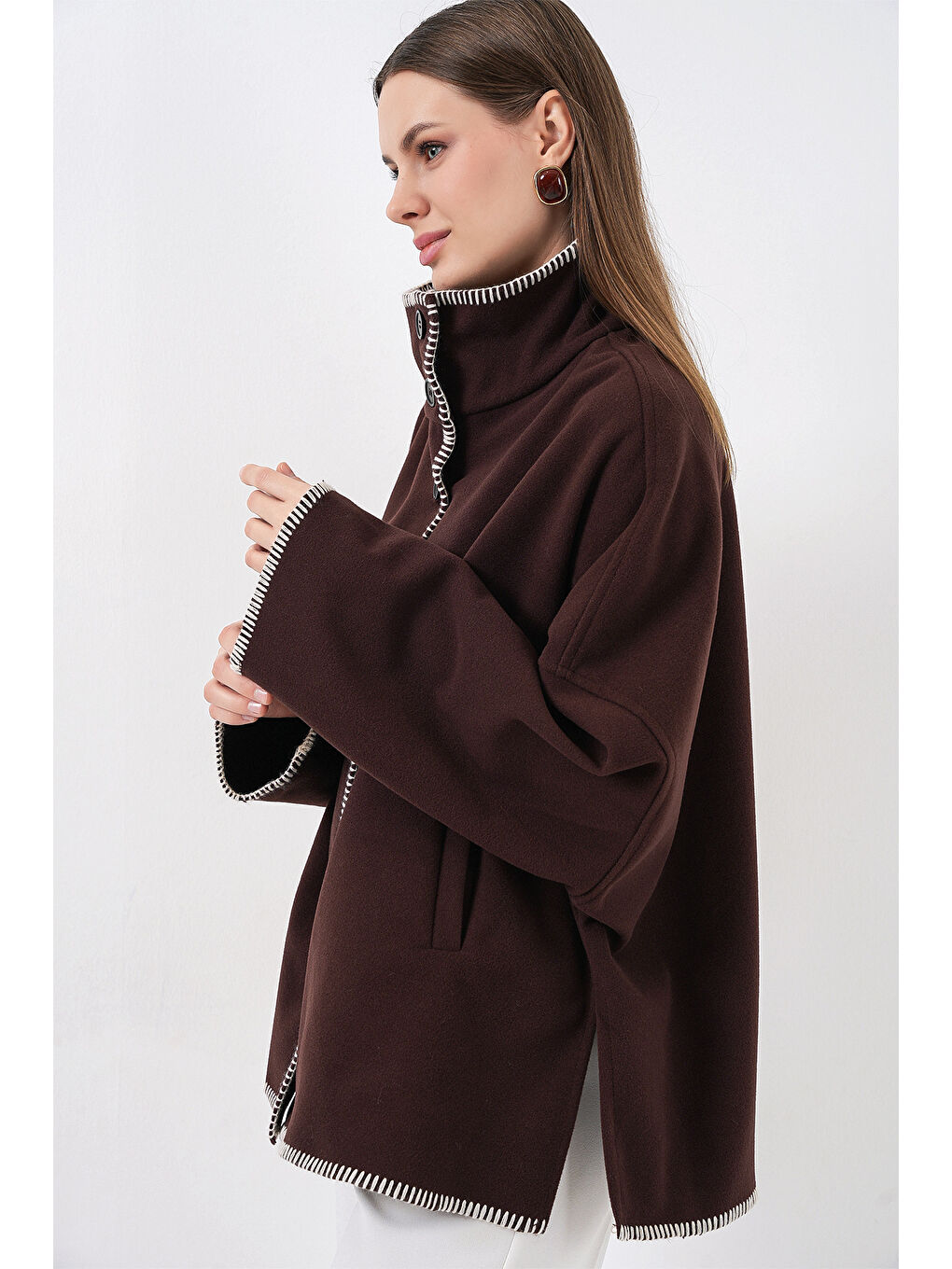 Kadın Nakışlı Kaşe Ceket 9167 - Kahverengi-3