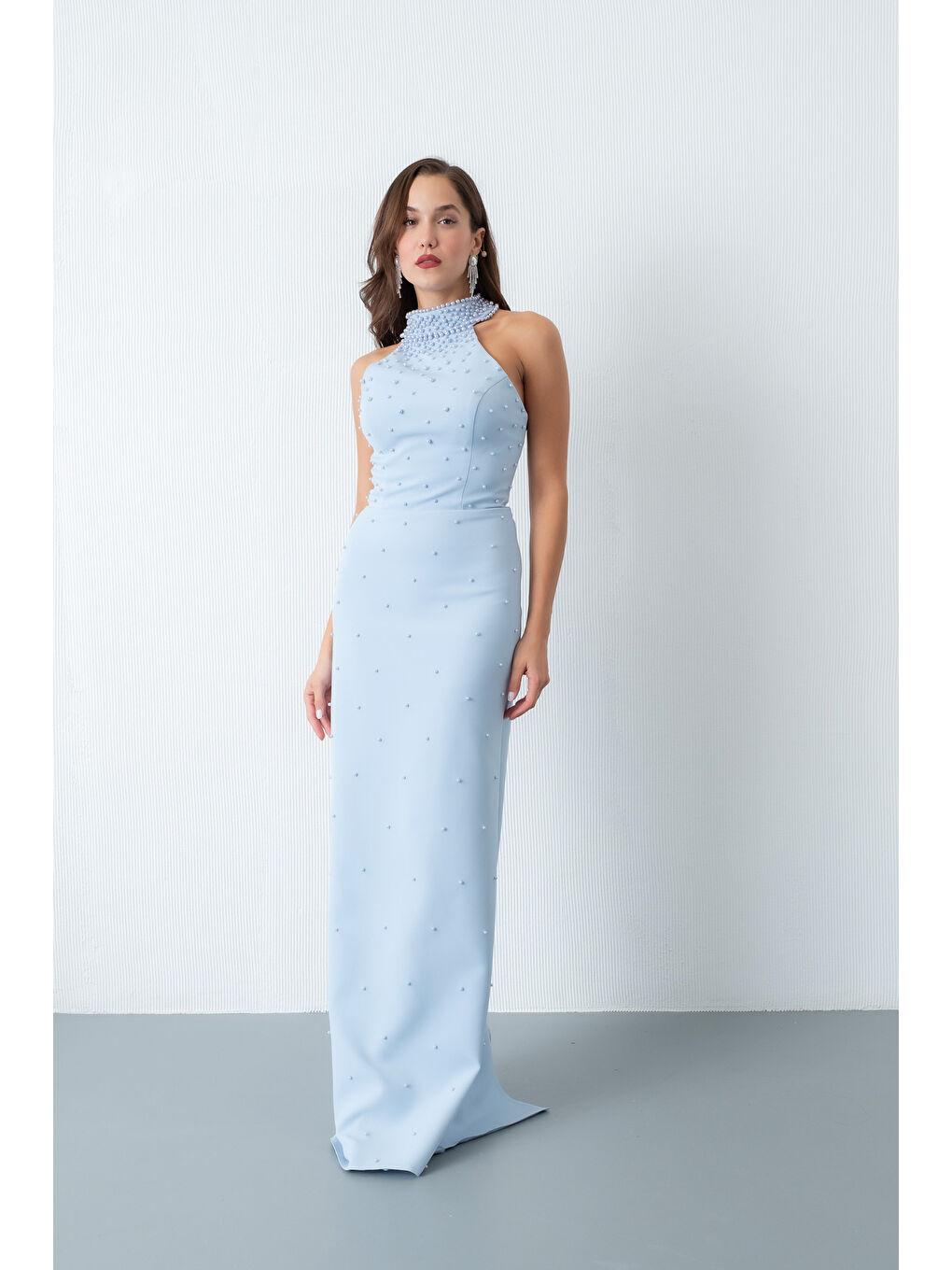 Kadın Bebe Mavi Halter Yaka İncili Söz Nişan Nikah Abiye Elbise-1