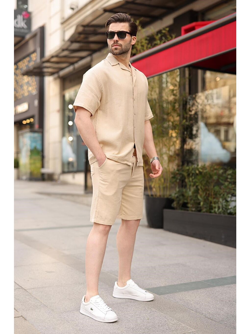 Bej %100 Pamuklu Erkek Şort Gömlek Takım E7360-1