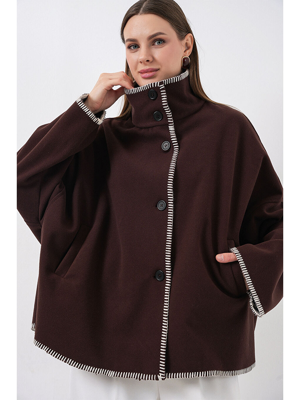 Kadın Nakışlı Kaşe Ceket 9167 - Kahverengi-4