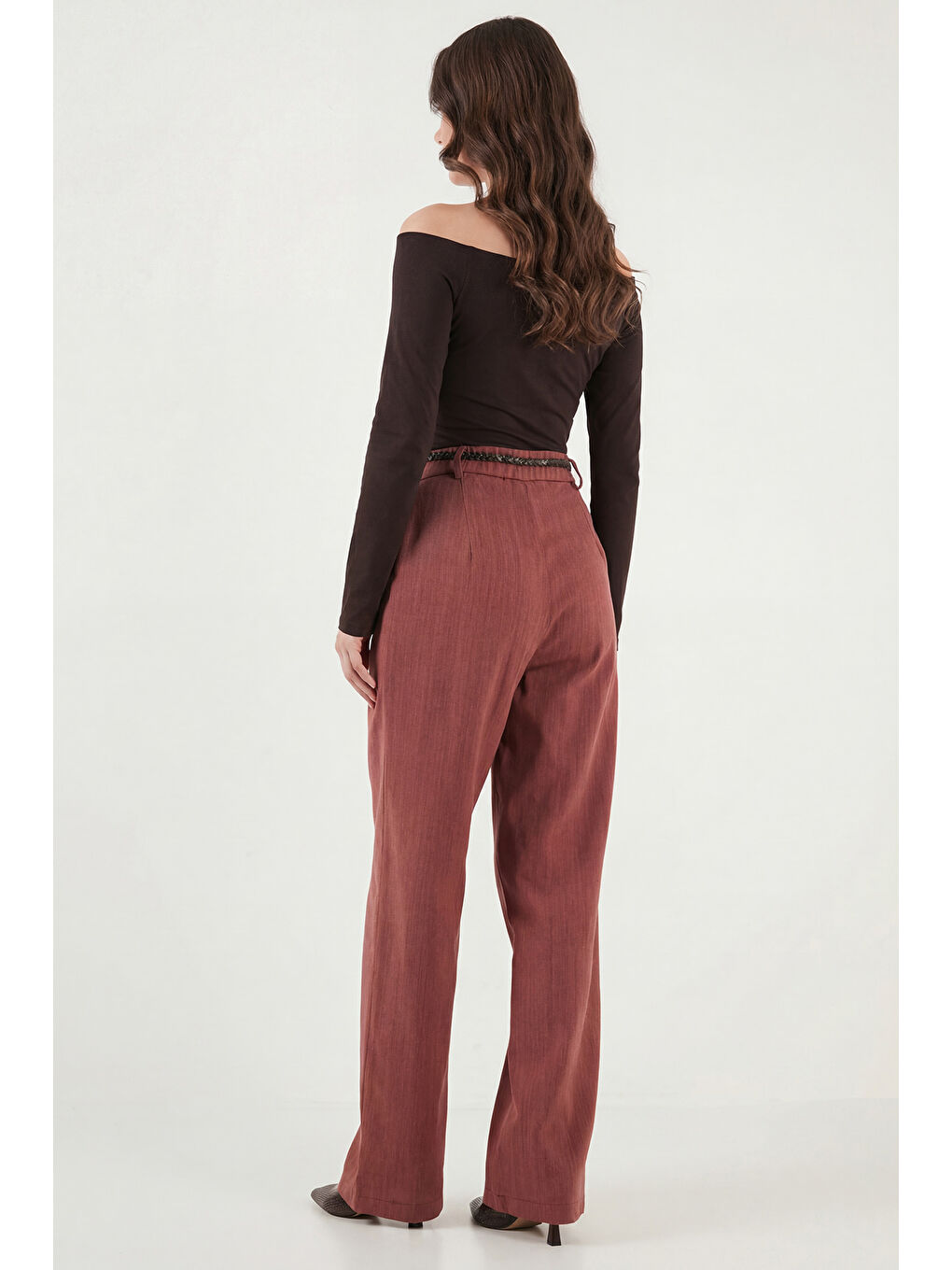 Kahverengi Bol Paça Yüksek Bel Kemerli Pantolon 6923807-6