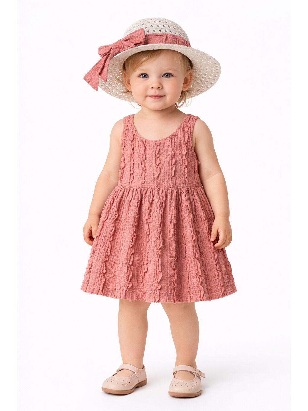 Pembe Kız Bebek Tarz Fırfırlı Yazlık Elbise Şapkalı 2’li Kombin
