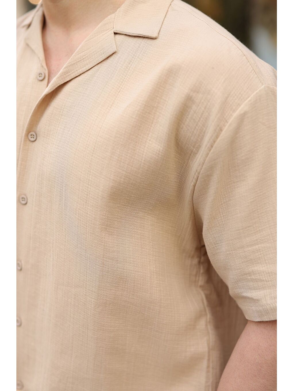 Bej %100 Pamuklu Erkek Şort Gömlek Takım E7360-2