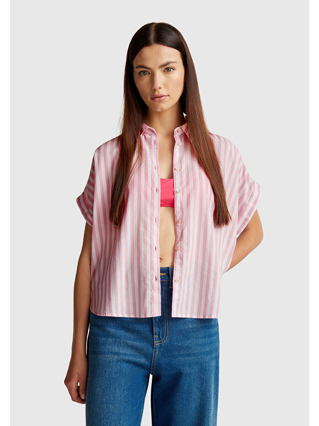 Kadın Pembe Keten Karışımlı Çizgili Kimono Kol Gömlek