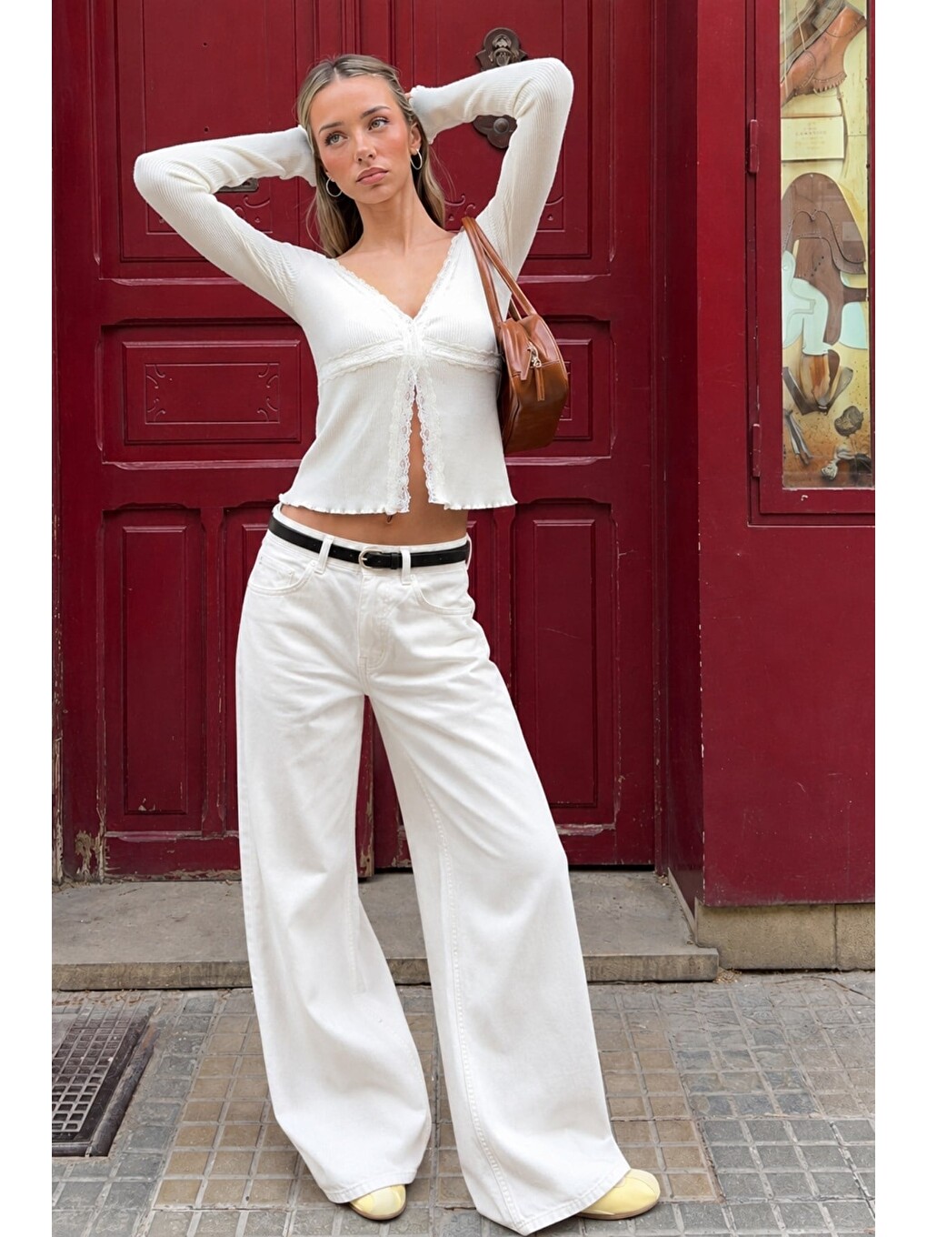 Ekru Yüksek Bel Wide Leg Kadın Jean Mg2880
