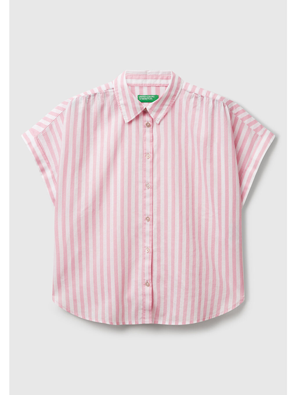 Kadın Pembe Keten Karışımlı Çizgili Kimono Kol Gömlek-1