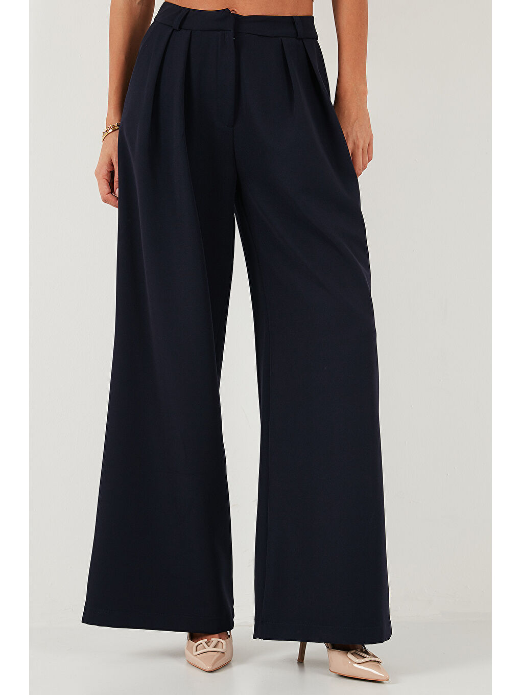 Lacivert Pile Detaylı Wide Leg Yüksek Bel Geniş Paça Pantolon 6522016-1