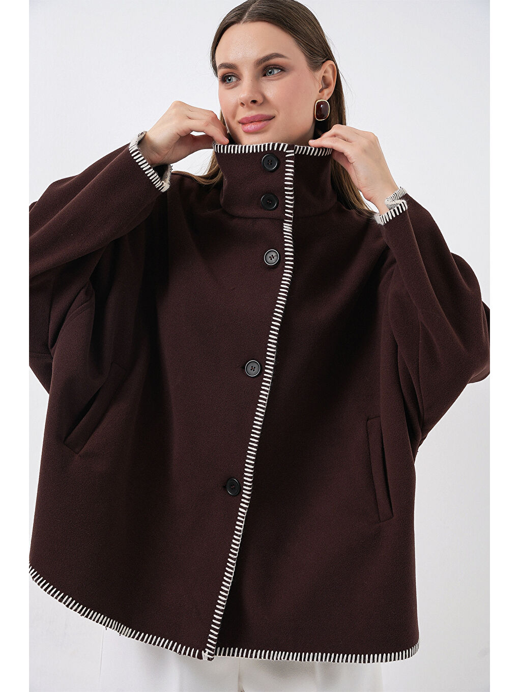 Kadın Nakışlı Kaşe Ceket 9167 - Kahverengi-6