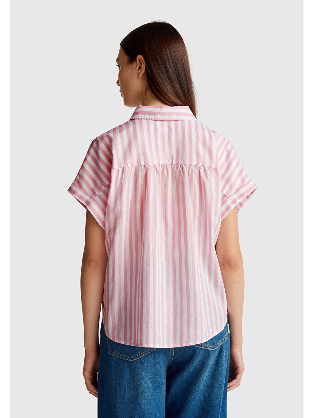 Kadın Pembe Keten Karışımlı Çizgili Kimono Kol Gömlek-2