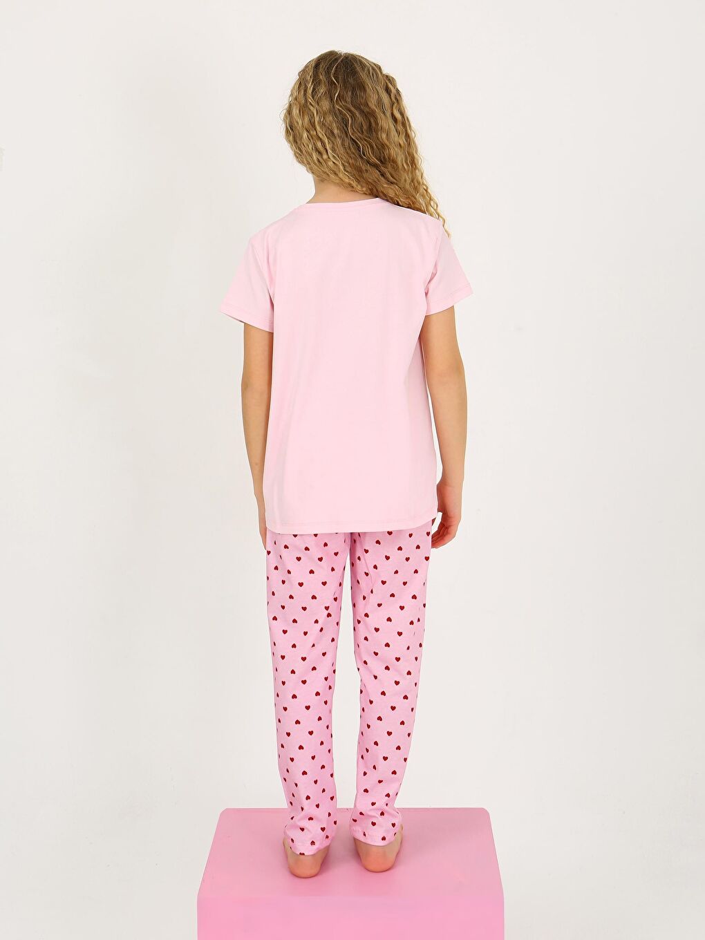 Pembe Kız Çocuk Kısa Kollu %100 Pamuklu Pijama Takımı Cute Love-1