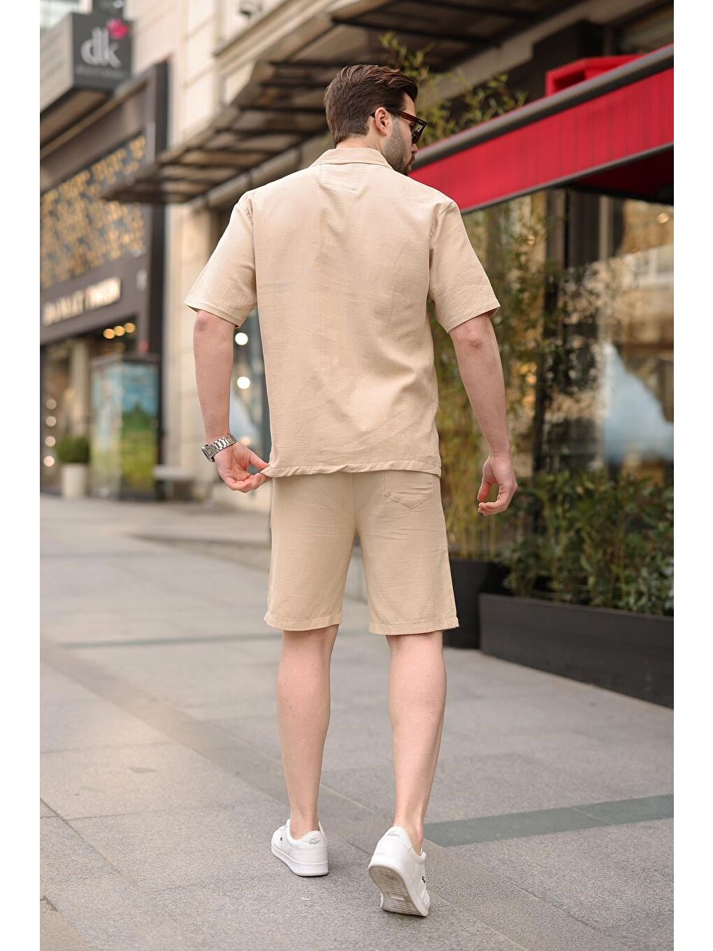 Bej %100 Pamuklu Erkek Şort Gömlek Takım E7360-3