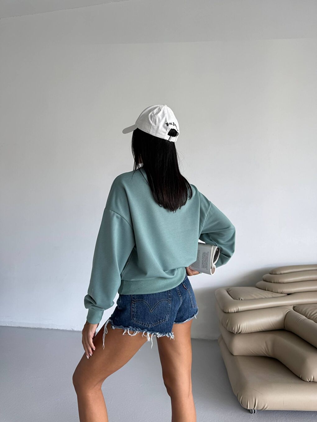 Yeşil İki İplik Bisiklet Yaka Sweatshirt-2