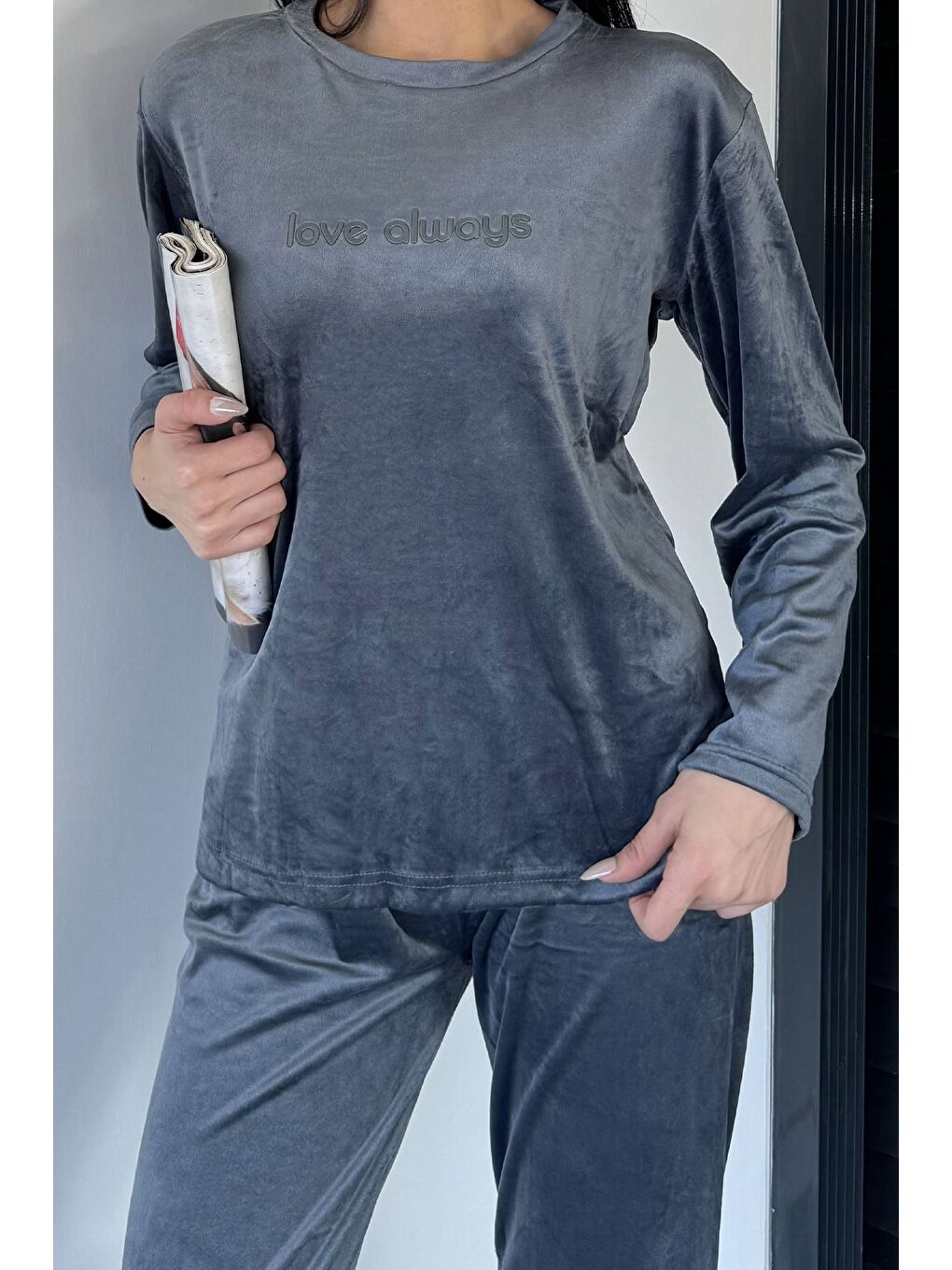 Gri Kadın Baskılı Kadife Sweat Pantolon İkili Takım