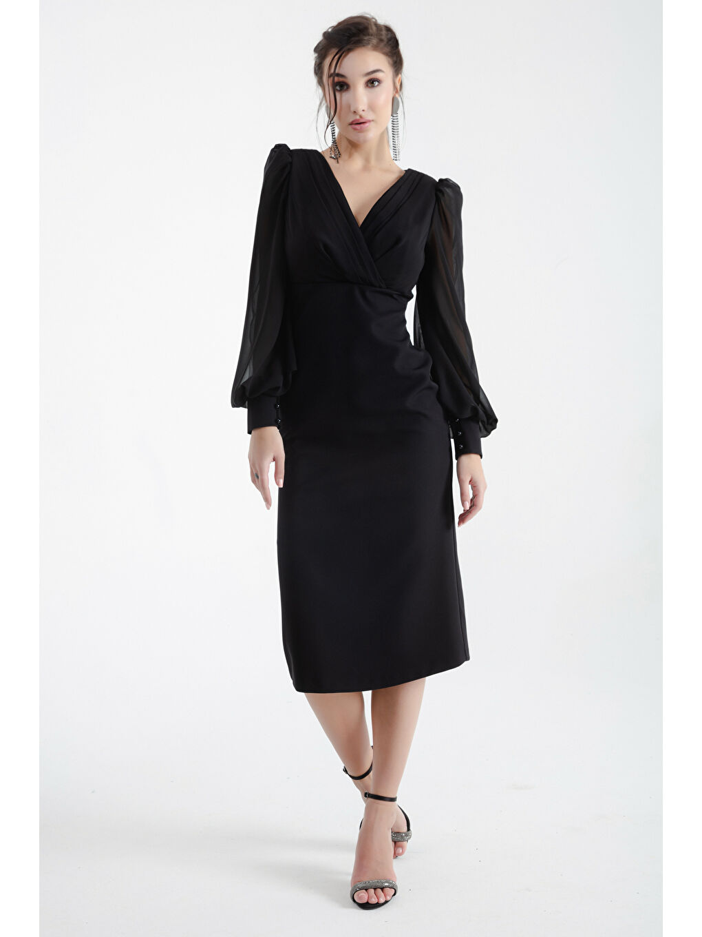Kadın Siyah Kruvaze Yaka Midi Abiye Elbise-1