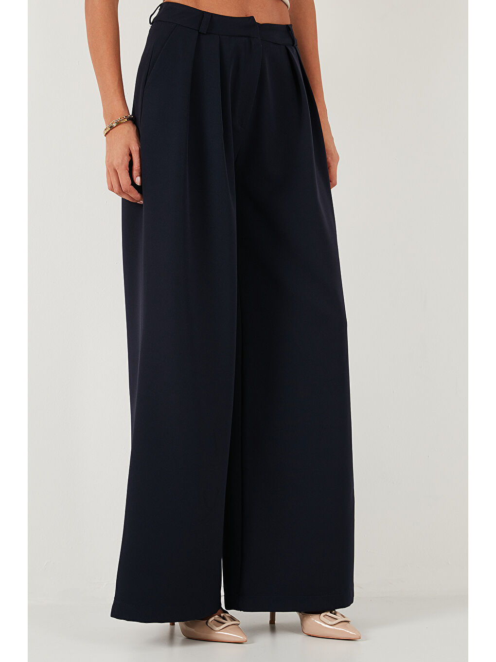 Lacivert Pile Detaylı Wide Leg Yüksek Bel Geniş Paça Pantolon 6522016-3