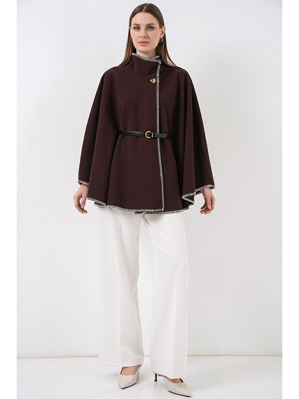 Kadın Dikiş Detaylı Kaşe Panço 9166 - Kahverengi-1