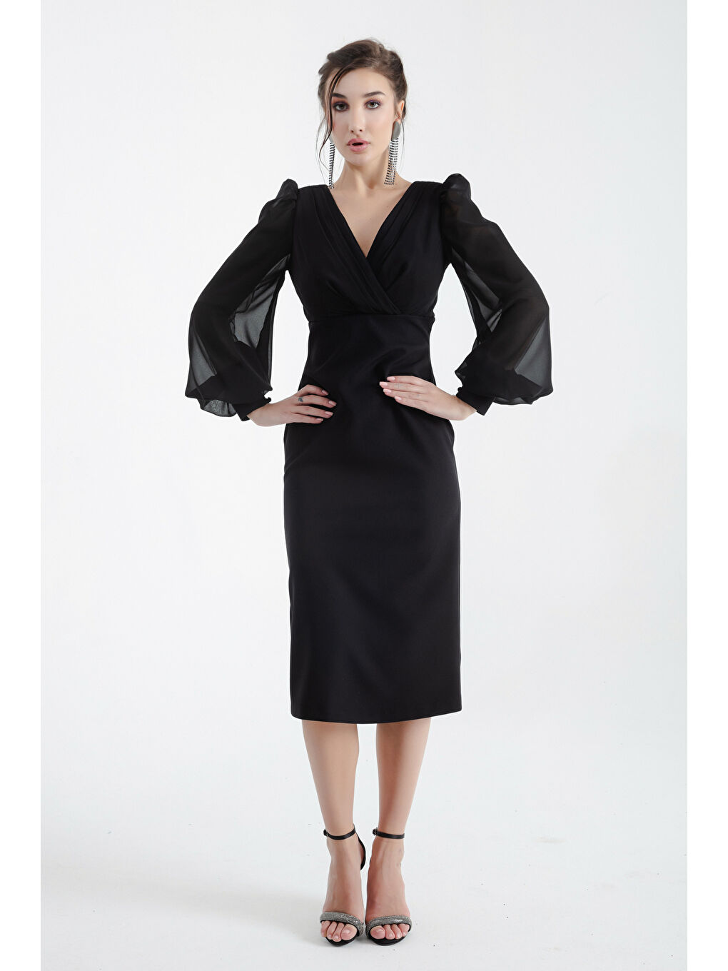Kadın Siyah Kruvaze Yaka Midi Abiye Elbise-2