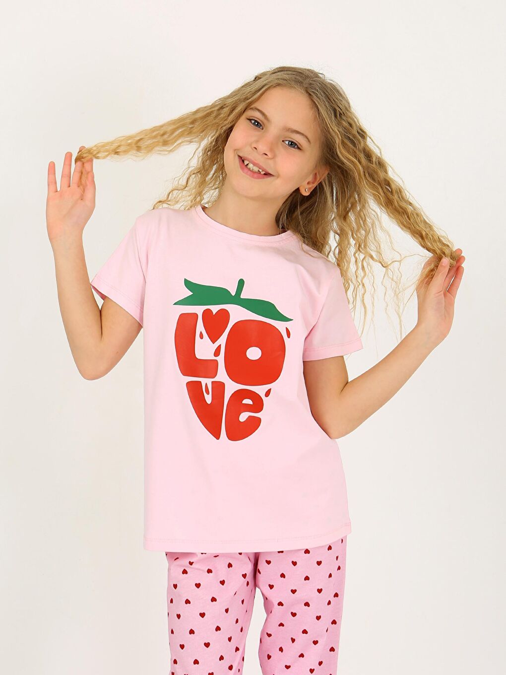 Pembe Kız Çocuk Kısa Kollu %100 Pamuklu Pijama Takımı Cute Love-2