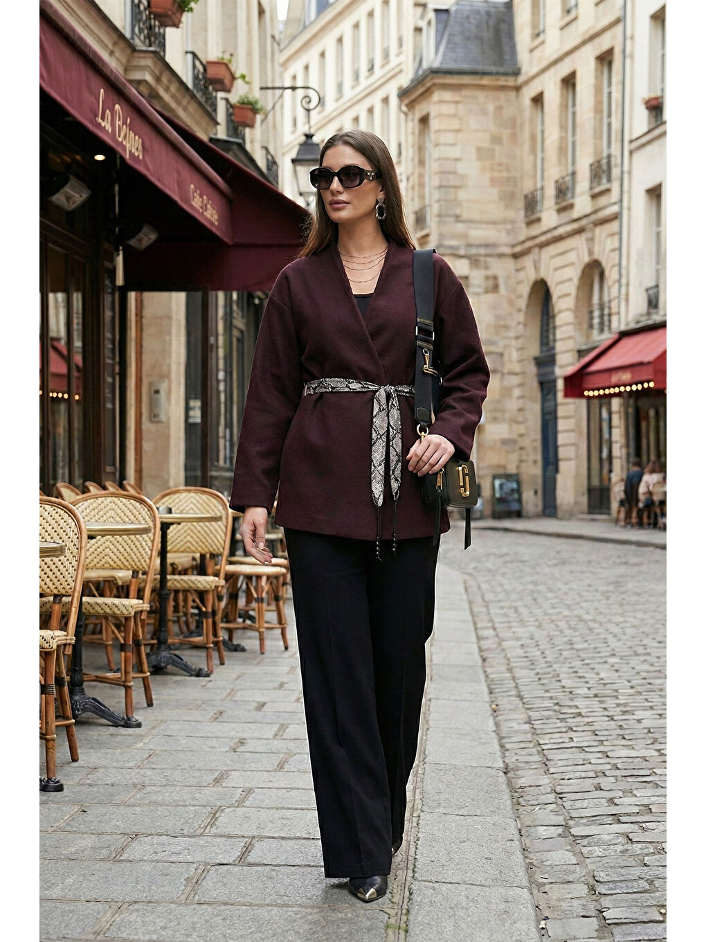 Mürdüm Regular Fit Kruvaze Yaka Fular Kemerli Kadın Blazer Ceket 6927673