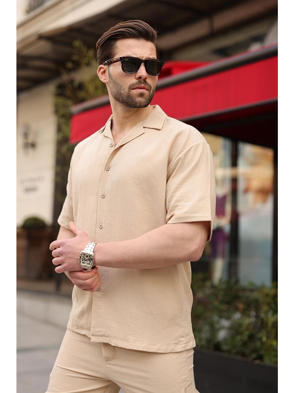 Bej %100 Pamuklu Erkek Şort Gömlek Takım E7360-4