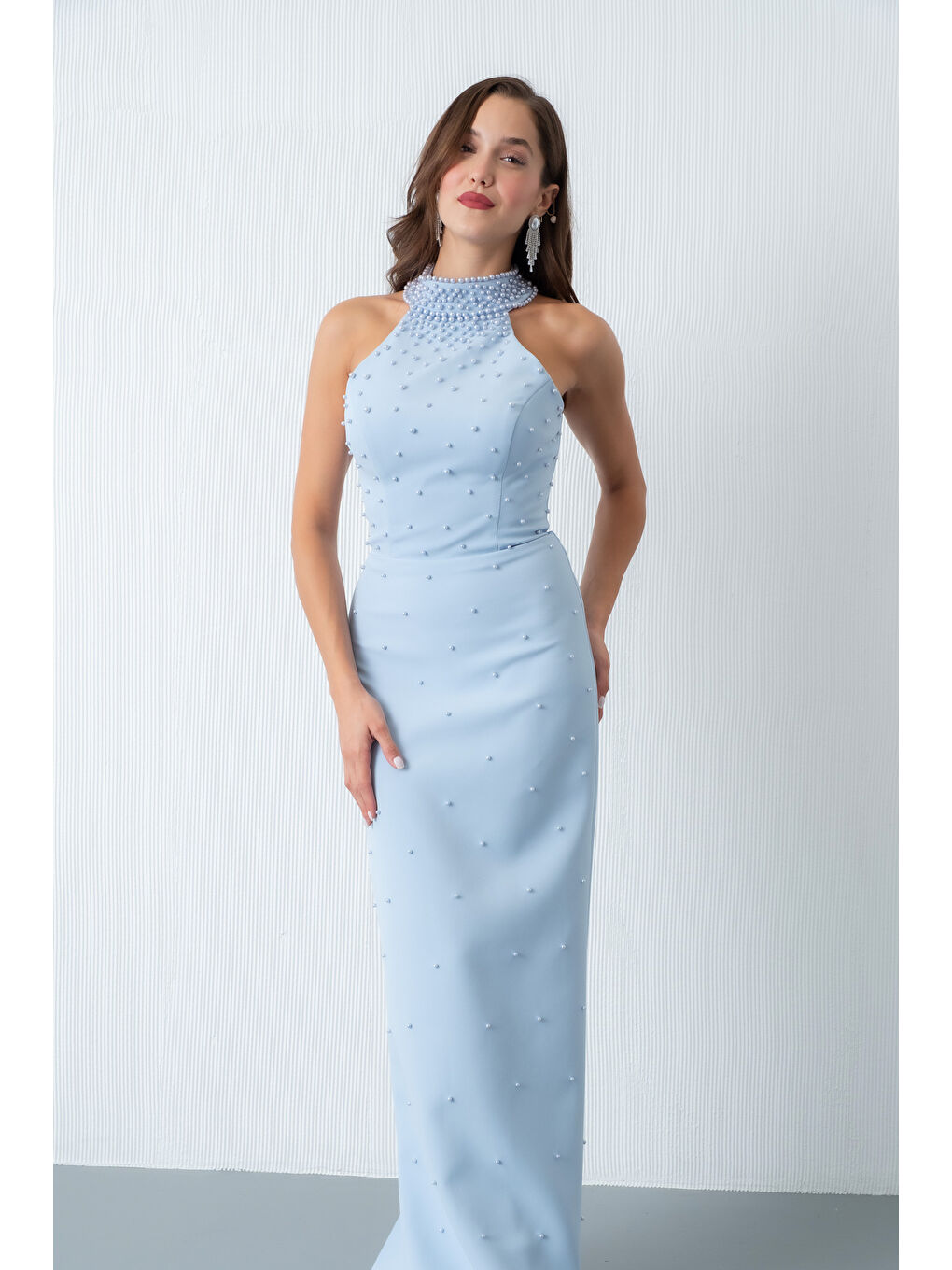 Kadın Bebe Mavi Halter Yaka İncili Söz Nişan Nikah Abiye Elbise-2