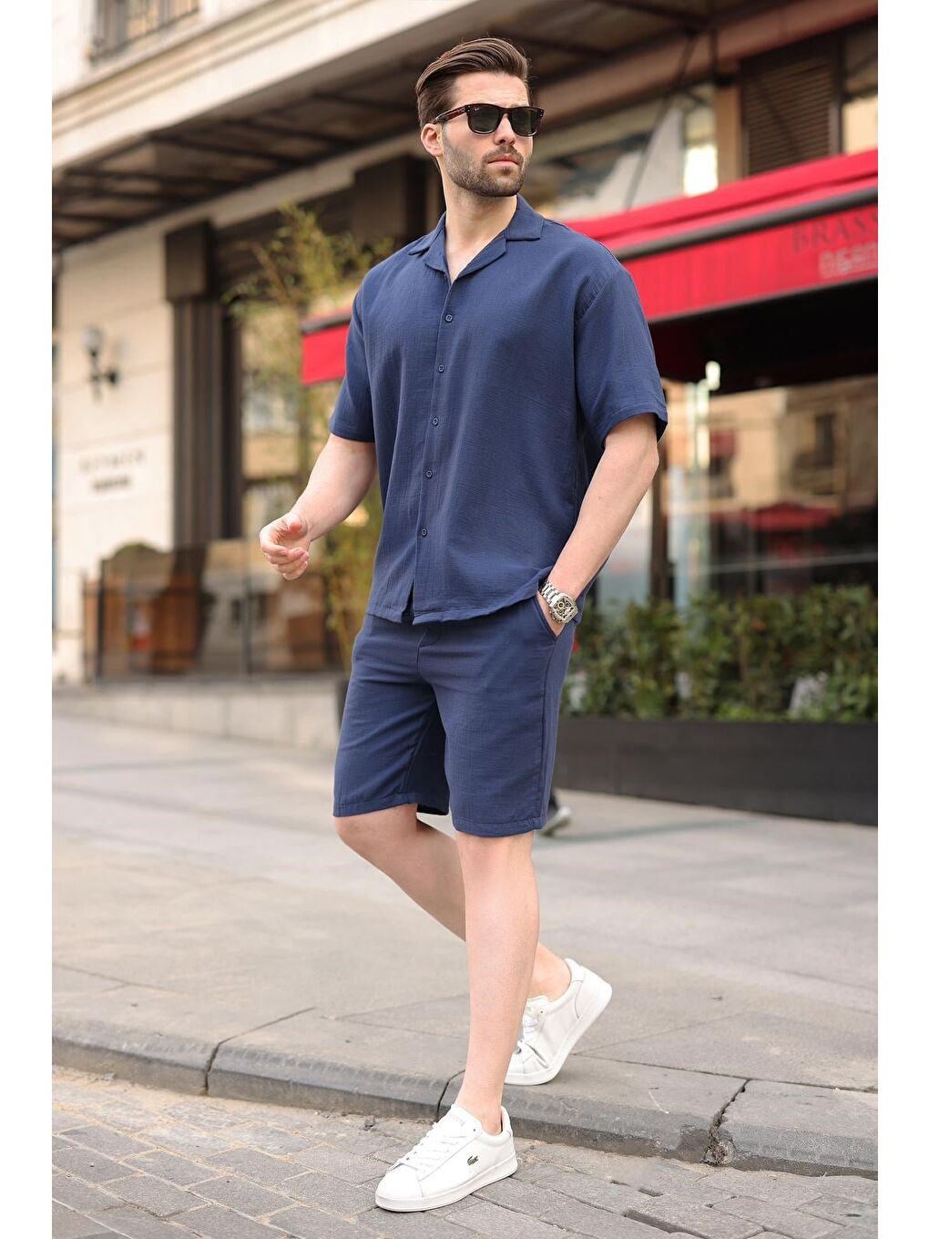 Lacivert %100 Pamuklu Erkek Şort Gömlek Takım E7360