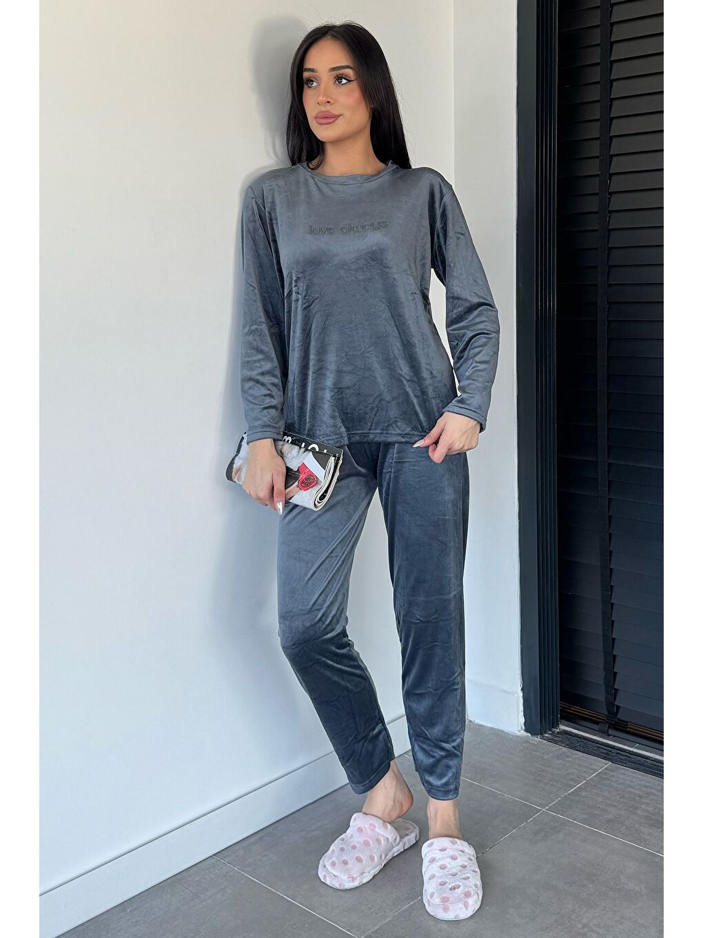 Gri Kadın Baskılı Kadife Sweat Pantolon İkili Takım-2