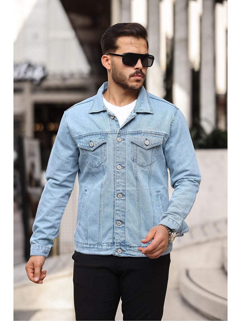 Beyaz Erkek Trend Polo Yaka Slim Fit Denim Jeans Açık Mavi Jean Ceket
