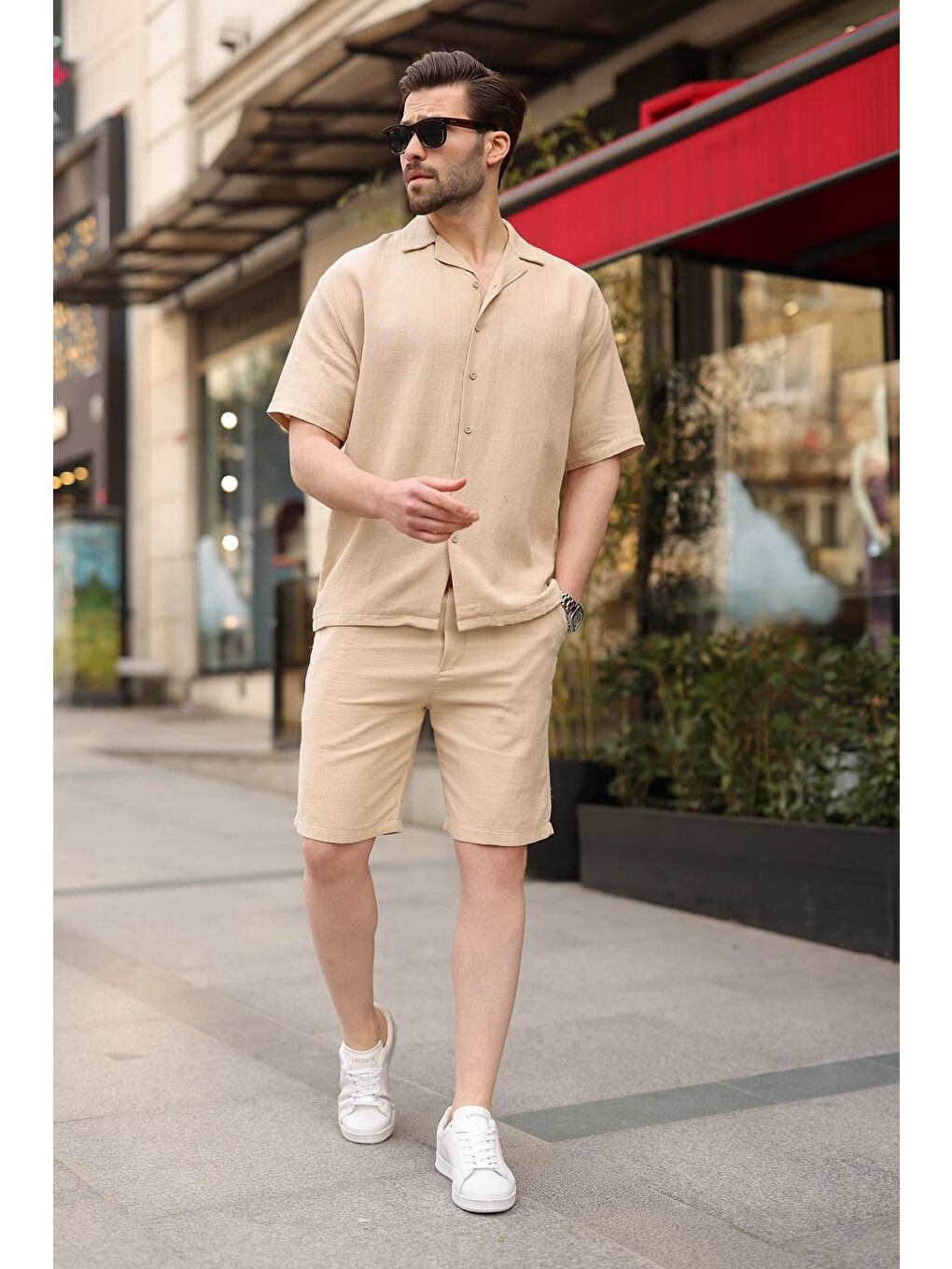 Bej %100 Pamuklu Erkek Şort Gömlek Takım E7360-5