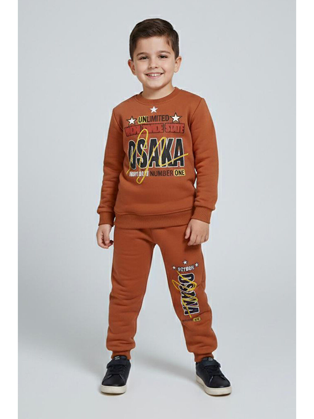 Kahverengi Erkek Çocuk Taba Baskılı Şardonlu Pijama Takımı - 28097-TABA