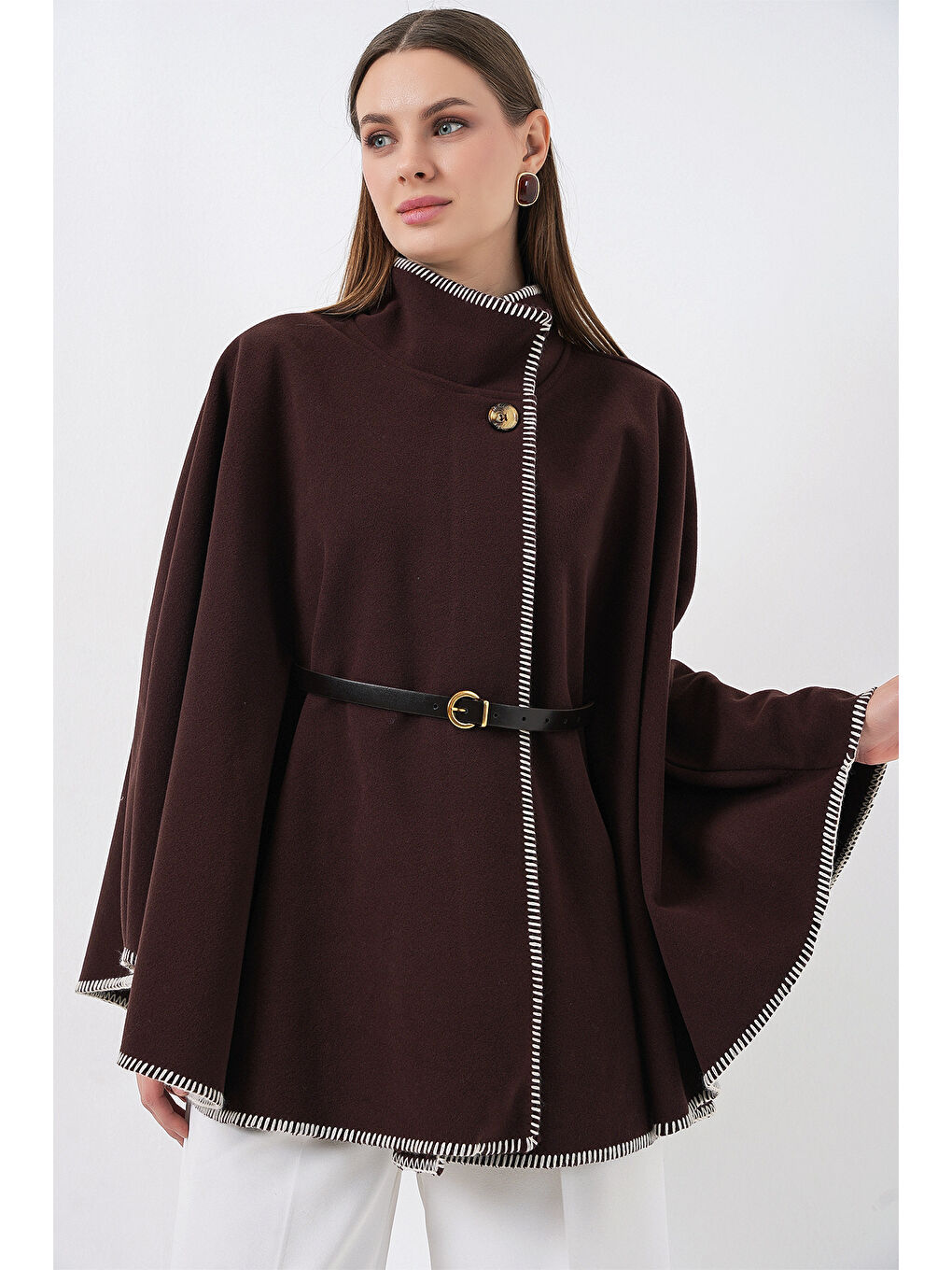 Kadın Dikiş Detaylı Kaşe Panço 9166 - Kahverengi-2