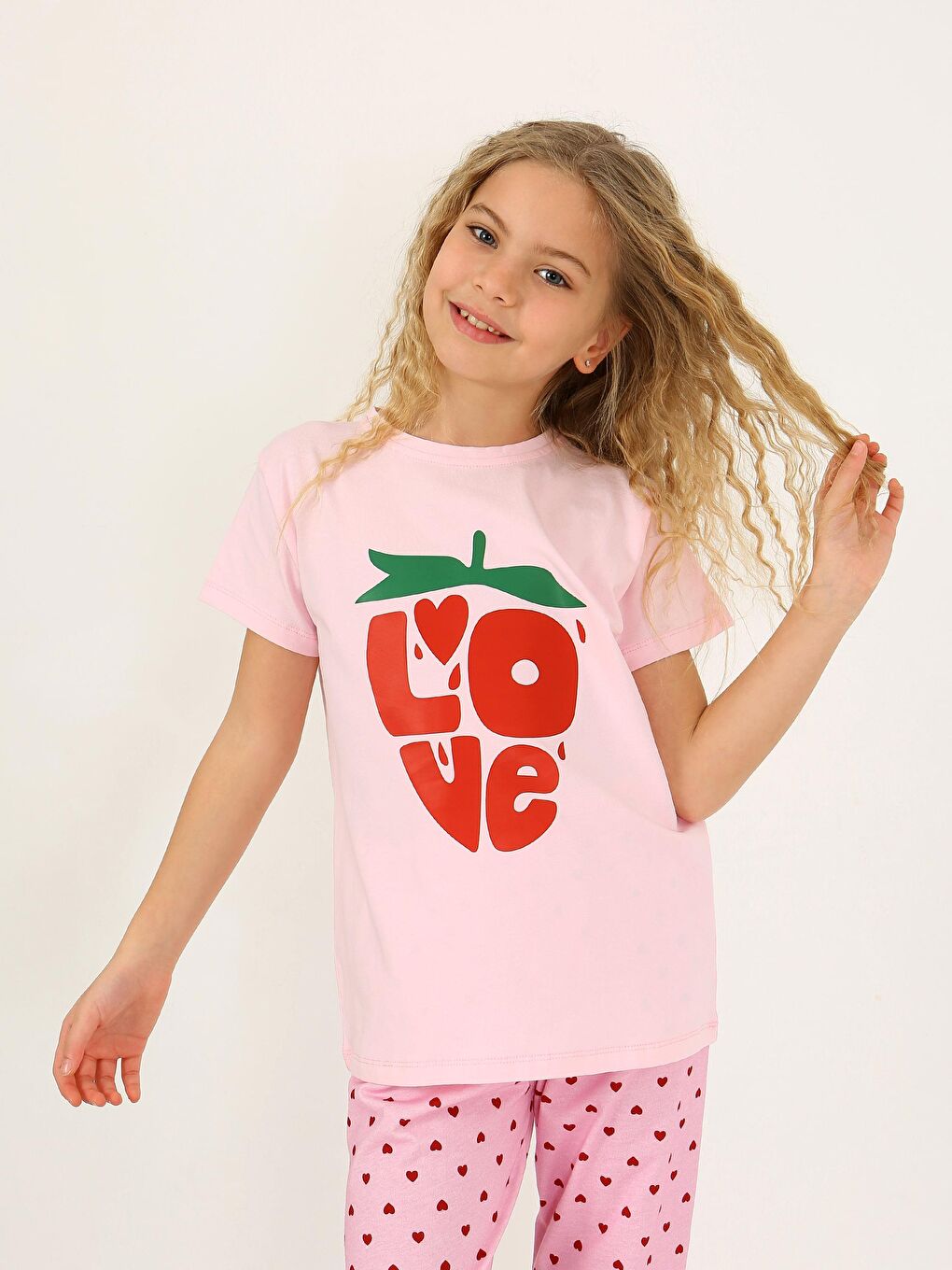 Pembe Kız Çocuk Kısa Kollu %100 Pamuklu Pijama Takımı Cute Love-3