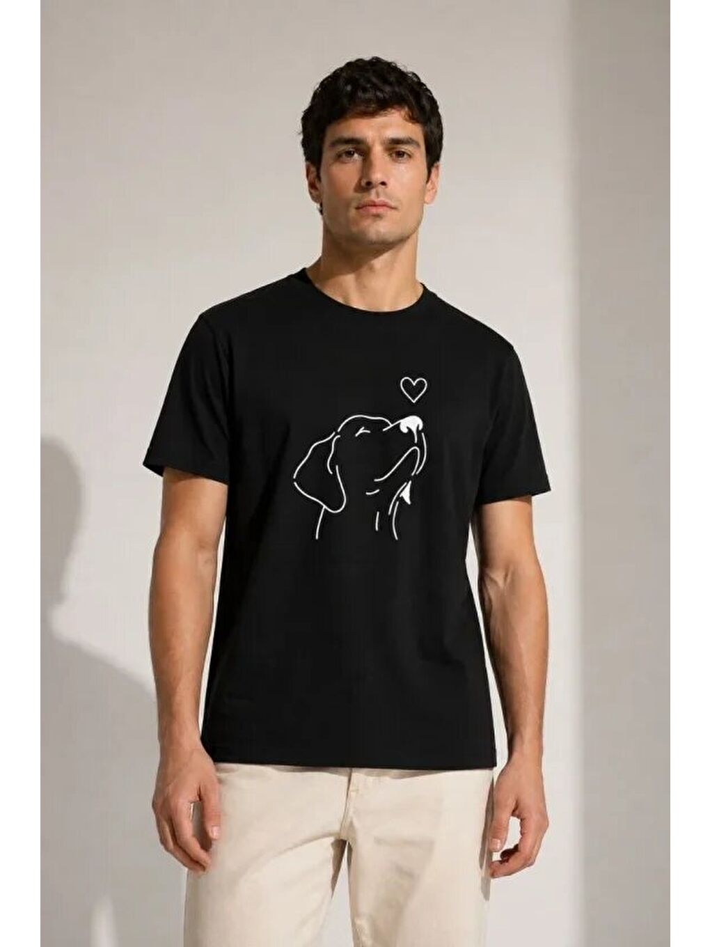 Erkek Köpek Figürlü Minimal Baskılı Tişört Kısa Kol Yazlık T-Shirt - Siyah