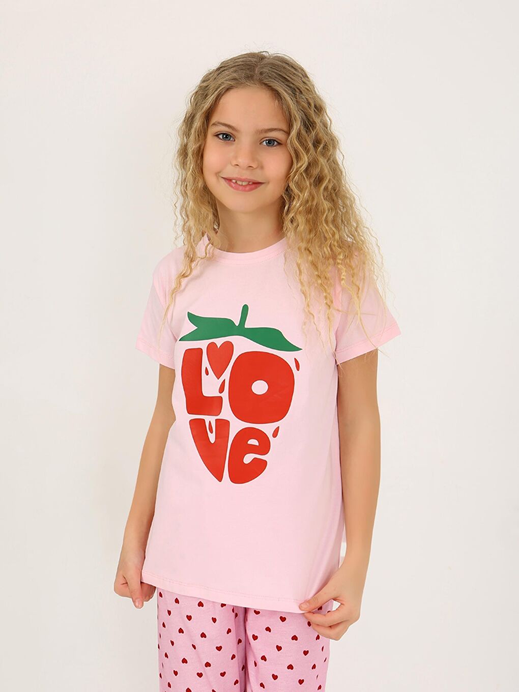 Pembe Kız Çocuk Kısa Kollu %100 Pamuklu Pijama Takımı Cute Love-4