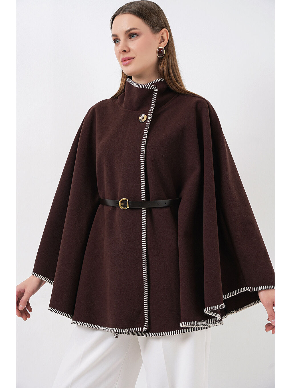 Kadın Dikiş Detaylı Kaşe Panço 9166 - Kahverengi-3