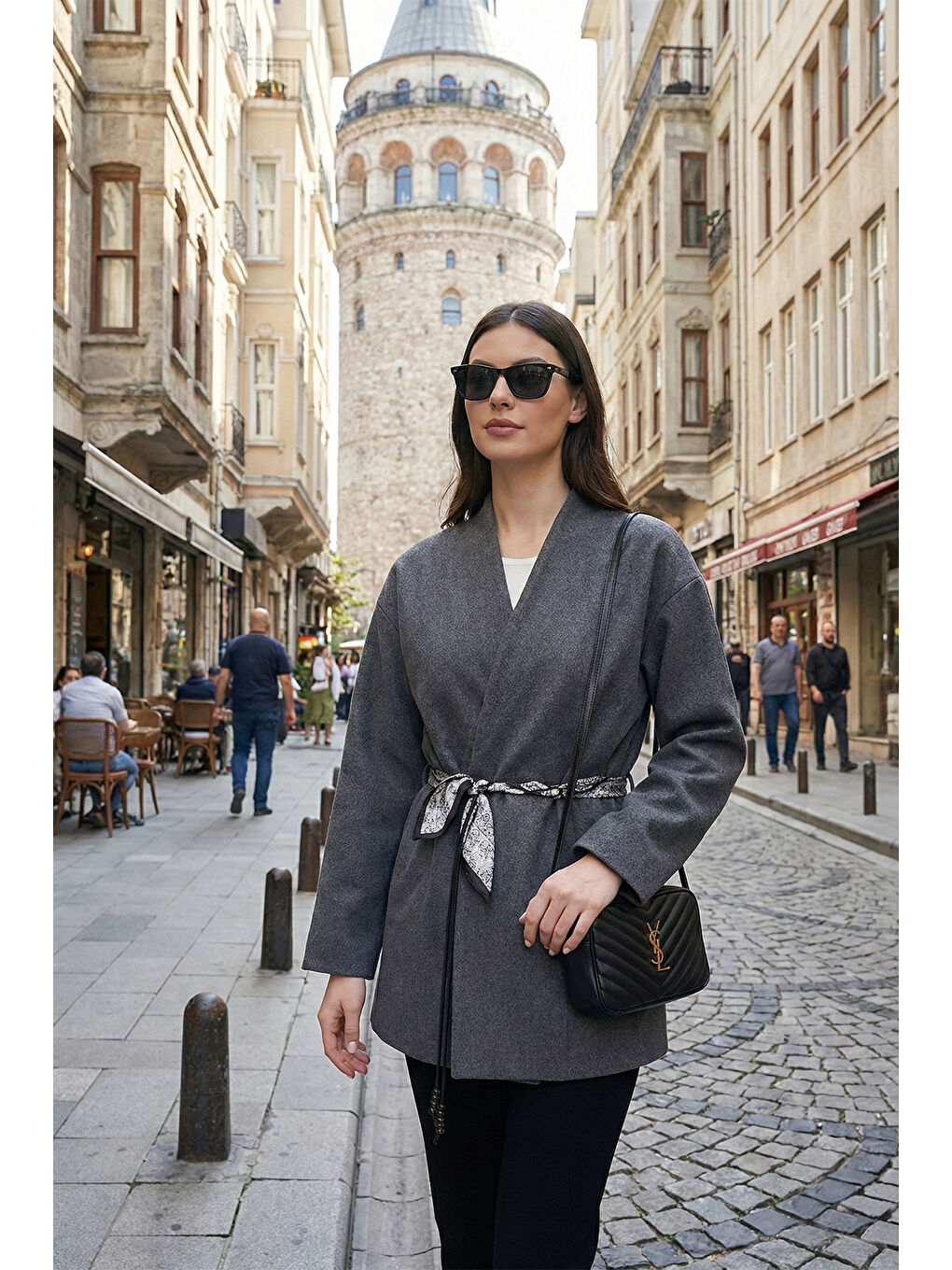 Antrasit Regular Fit Kruvaze Yaka Fular Kemerli Kadın Blazer Ceket 6927673