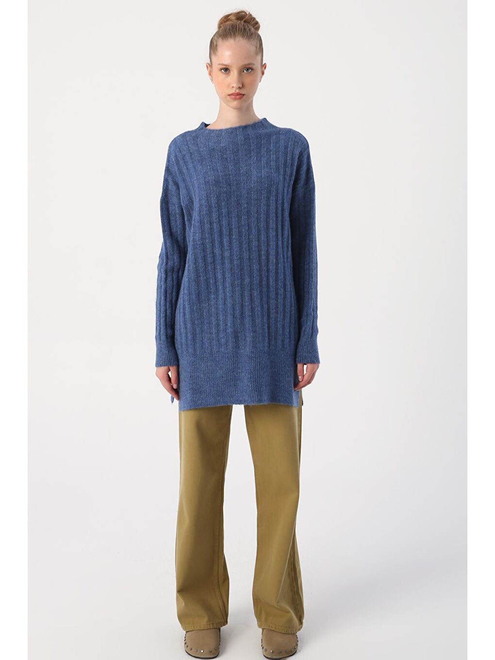 Mavi Fitil Örgülü Triko Tunik-1