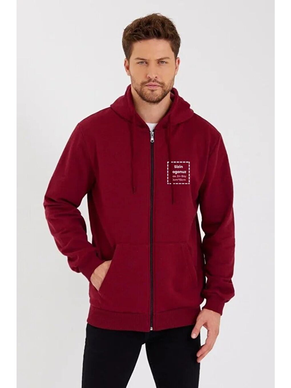 Unisex Tam Fermuarlı Kapşonlu Özel Tasarım SweatShirt - Bordo