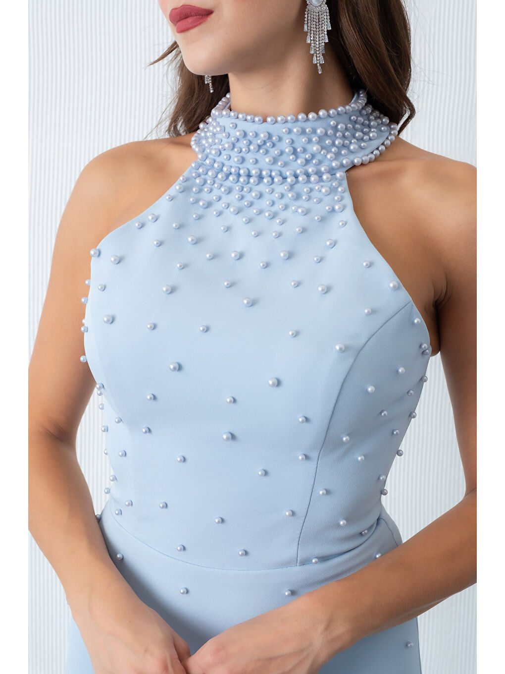 Kadın Bebe Mavi Halter Yaka İncili Söz Nişan Nikah Abiye Elbise-3